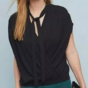 Anthropologie Black Tie Front Faux Wrap Sweater Top Size XL